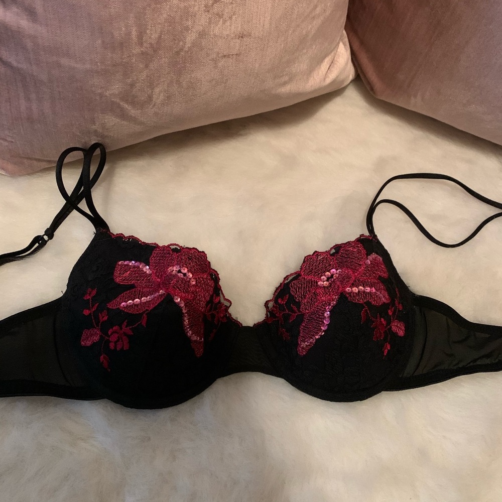 Black + Pink Embroidered Sequin Bra